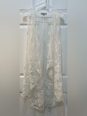 Crochet Lace White Open Knit Kimono Duster Vest Sz M Festival Boho Cottage Fairy